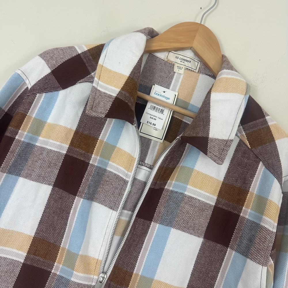 No Comment Flannel Shacket Brown Blue Plaid Long Sleeve Full Zip Womens Large
